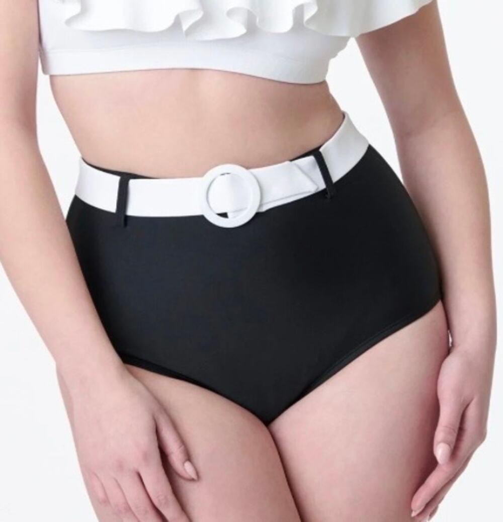Unique Vintage Retro Textured Black White Belted High Waist Bikini Bottom M NWOT